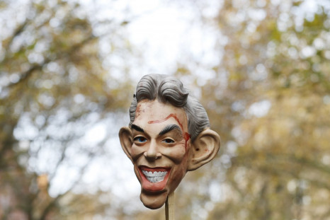 Bloodied mask of Blair brandished on a stick at a protest in London, last year