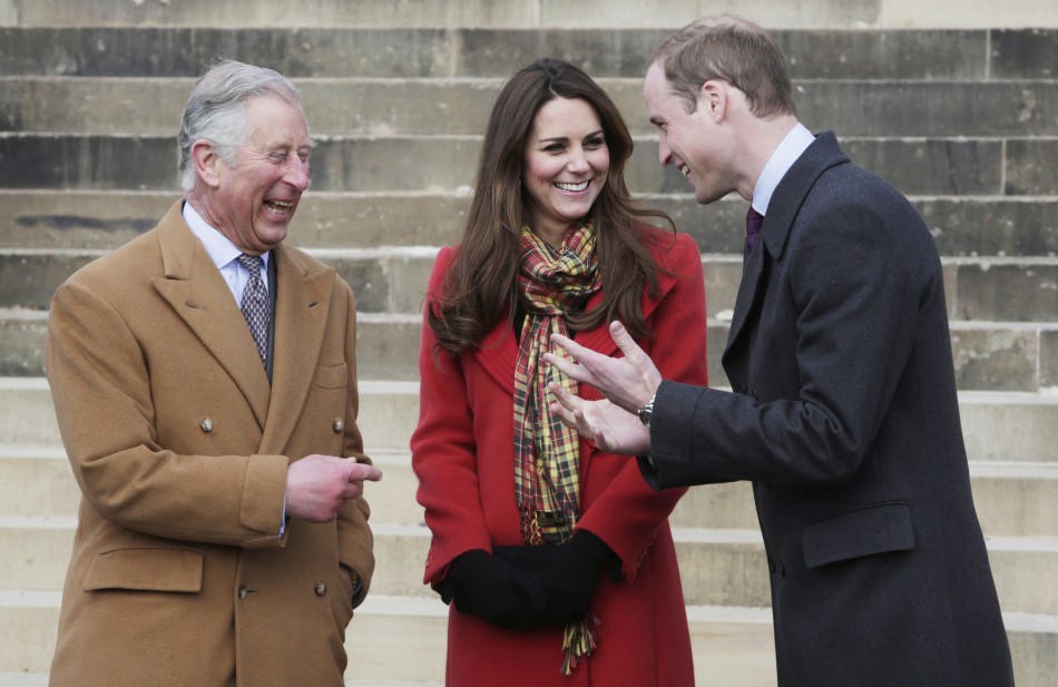 Catherine, Duchess of Cambridge speaks with Prince William R and Prince Charles as they visit Dumfries House in Ayrshire, Scotland April 5, 2013.