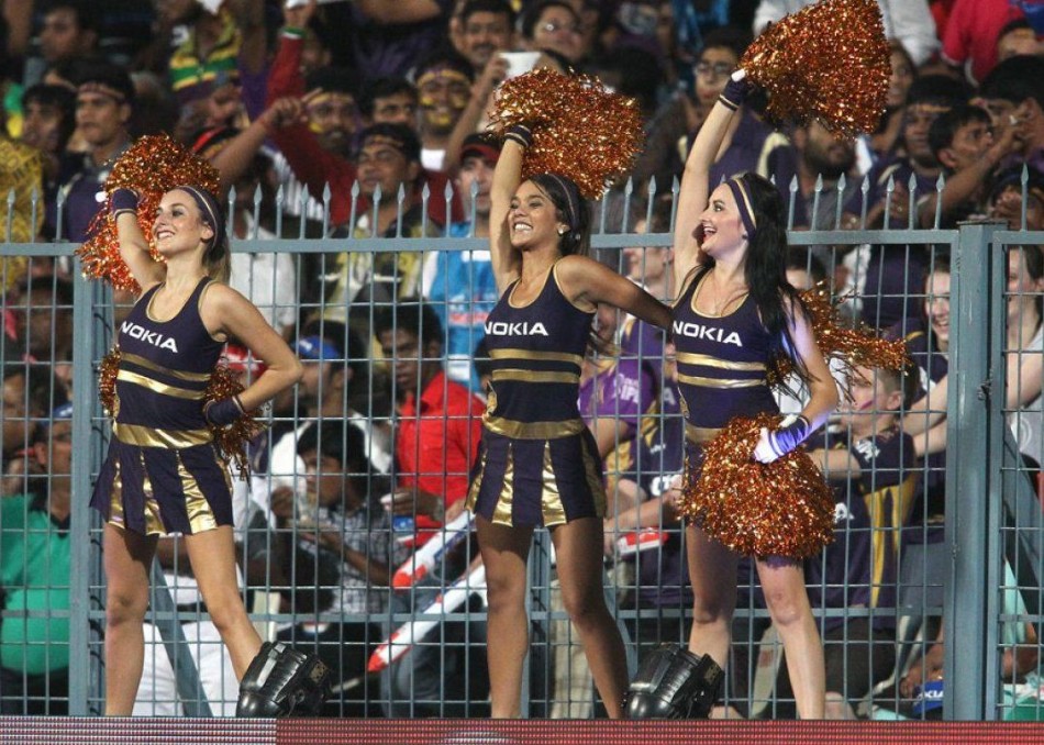 Cheerleaders perform during the opening match between Kolkata Knight Riders and Delhi Daredevils of the Pepsi Indian Premier League held at the Eden Gardens Stadium in Kolkata on the 3rd April 2013