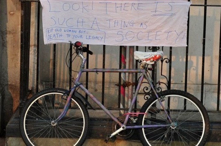 Symbolic: Bicycle beneath banner celebrating Thatcher's death this week