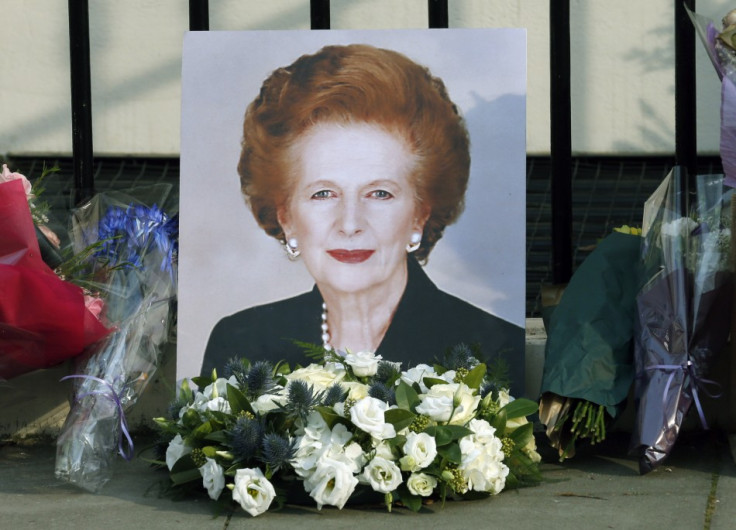 A portrait left by mourners is seen outside the home of former British prime minister Margaret Thatcher after her death.