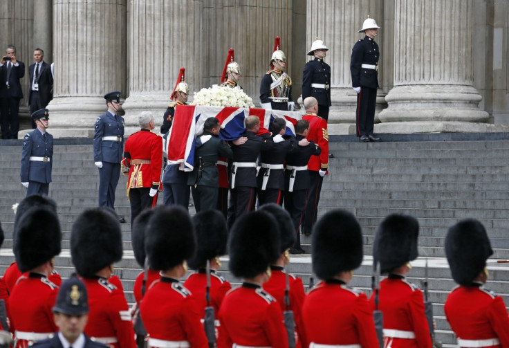 The coffin of former British prime minister Margaret Thatcher is carried by the Bearer Party as it arrives for her funeral service (Reuters)