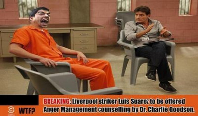 BREAKING Liverpool striker Luis Suarez to be offered AngerManagement counselling by Dr. Charlie Goodson. BREAKING Liverpool striker Luis Suarez to be offered AngerManagement counselling by Dr. Charlie Goodson.