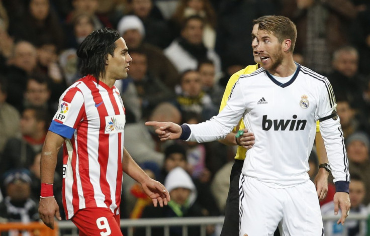 Radamel Falcao and Sergio Ramos during the Madrid derby
