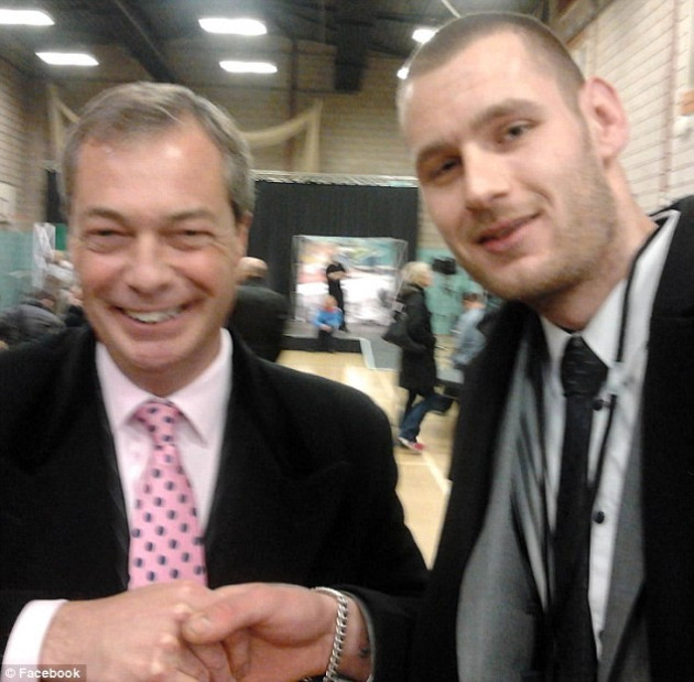 Ukip leader Nigel Farage (left), shaking hands with Chris Scotton, who was suspended by the UK Independence Party for 'liking' a Facebook page which suggests racism is 'ethnic banter'. (Facebook) Ukip leader Nigel Farage (left), shaking hands with Chris Scotton, who was suspended by the UK Independence Party for 'liking' a Facebook page which suggests racism is 'ethnic banter'. (Facebook)