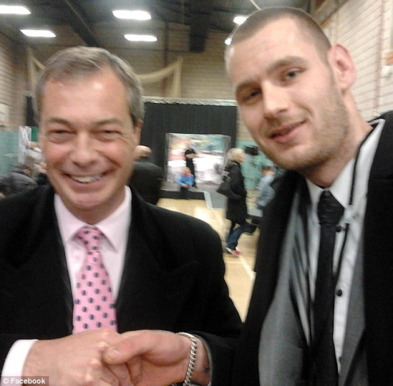Ukip leader Nigel Farage (left), shaking hands with Chris Scotton, who was suspended by the UK Independence Party for 'liking' a Facebook page which suggests racism is 'ethnic banter'. (Facebook)
