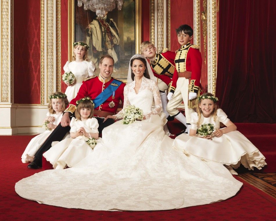 Prince William and Duchess of Cambridge, posing for an official photograph, with their bridesmaids and pageboys, on the day of their wedding, in the throne room at Buckingham Palace, in central London April 29, 2011.