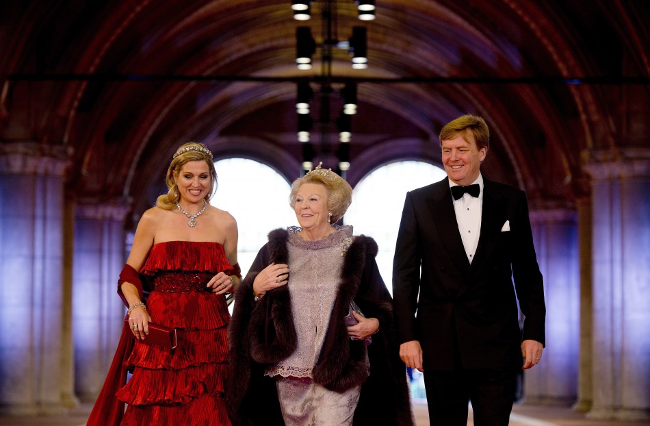 Dutch Crown Prince Willem-Alexander R, his wife Crown Princess Maxima and Queen Beatrix C of the Netherlands arrive at a gala dinner organised on the eve of the abdication of the Queen and the inauguration of her successor King Willem-Alexander at the