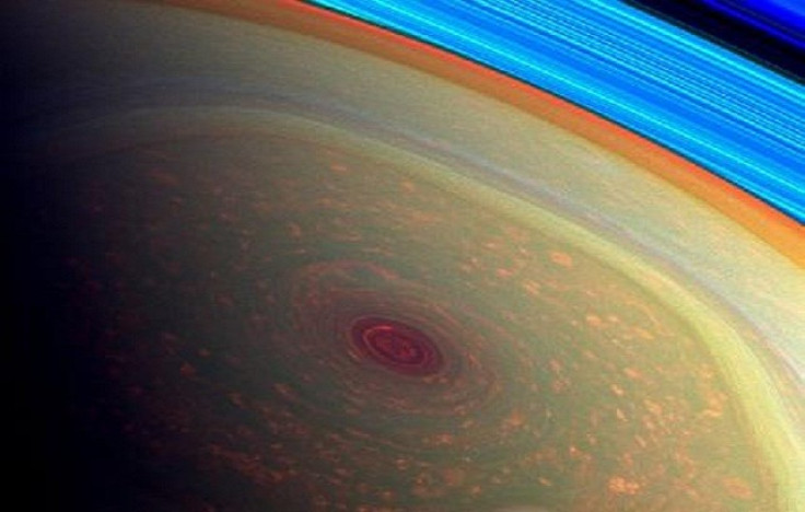 Colour-coded image of Saturn storm under the camera