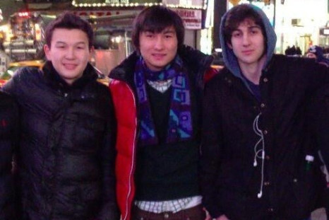 "The 2 suspects from Kazakhstan are pictured here with Tsarnaev in Times Square