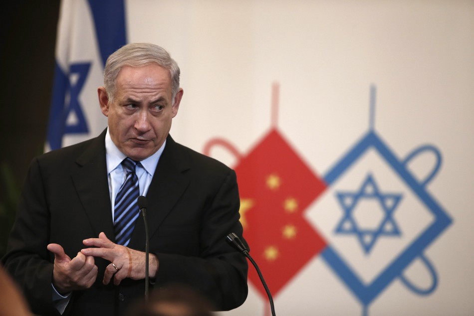 Israels Prime Minister Benjamin Netanyahu gives a speech during a gala dinner in Shanghai