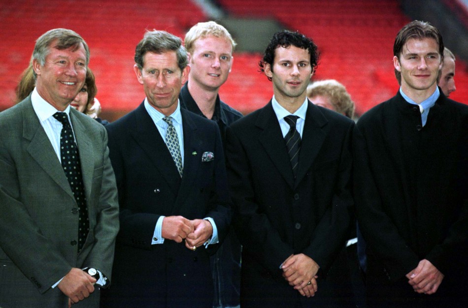 September 19 1997 Prince Charles with Manchester Ferguson and players David May 3rd L, Ryan Giggs 2nd R and David Beckham. The official visit to Greater Manchester that day was the Princes first since the funeral of Diana, Princess of Wales.