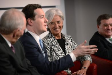 Britain's Chancellor of the Exchequer George Osborne (2nd L) speaks, as he sits next to the German Federal Minister of Finance Wolfgang Schauble (L), the Managing Director of the International Monetary fund, Christine Lagarde (2nd R), and Canada's Ministe