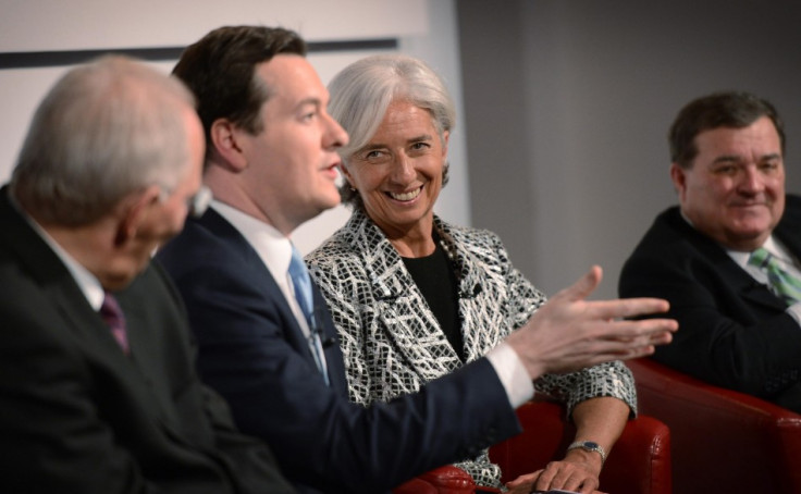 Britain's Chancellor of the Exchequer George Osborne (2nd L) speaks, as he sits next to the German Federal Minister of Finance Wolfgang Schauble (L), the Managing Director of the International Monetary fund, Christine Lagarde (2nd R), and Canada's Ministe