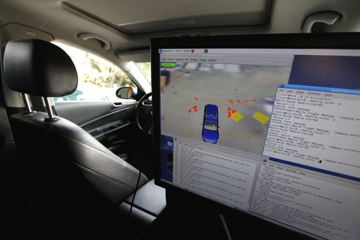 A monitor in the back seat displays sensor readings and other information in a driverless car at the Volkswagen Automotive Innovation Laboratory at Stanford University in Stanford, California April 15, 2010.