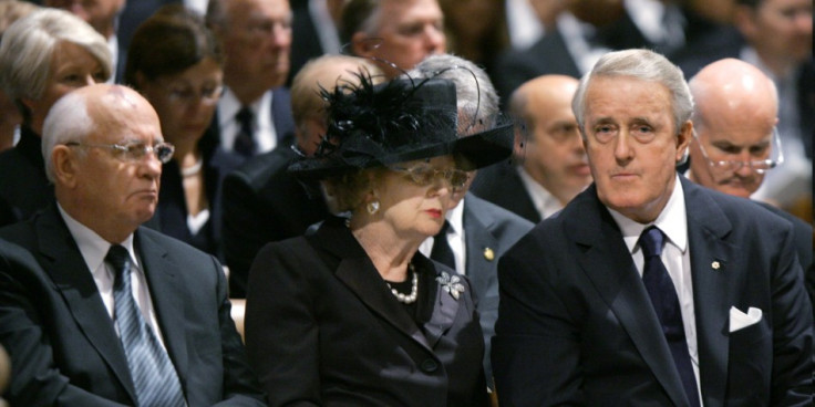 Archictects of liberalism: Former Soviet leader Mikhail Gorbachev, former British Prime Minister Margaret Thatcher, former Canadian Prime Minister Brian Mulroney (L-R) attend the state funeral of former U.S. President Ronald Reagan at Washington's Nationa