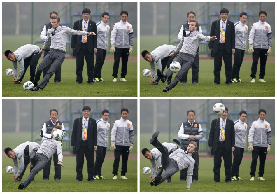 A combination picture shows former England captain David Beckham slipping as he free kicks at a sports field during his visit in Wuhan, Hubei province, March 23, 2013.