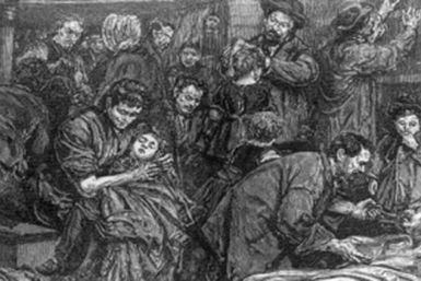 Starving Irish families flee ravages of potato famine 1846-1851
