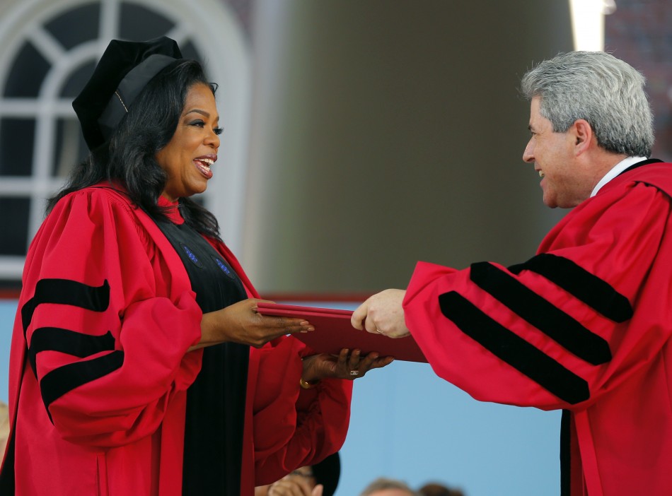 Oprah Winfrey accepts an honorary Doctor of Laws degree from Marc Goodheart R, Vice President and Secretary of the University following in the footsteps of Harry Potter author JK Rowling and Microsoft founder Bill Gates