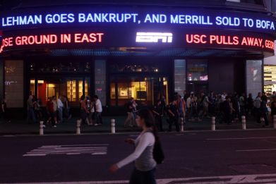 The Lehman Brothers name moves across a news ticker in New York's Times Square in this September 15, 2008 file photo. September 14, 2009 marks the one year anniversary of the bankruptcy filing of Lehman Brothers. Picture taken September 15, 2008.  (Photo: