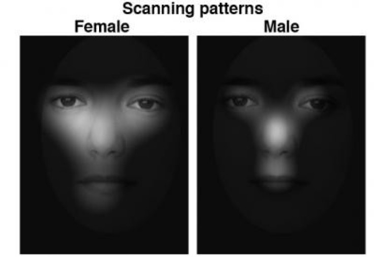 figure showing the scanning patterns of a female and a male when viewing the same face for the first time.