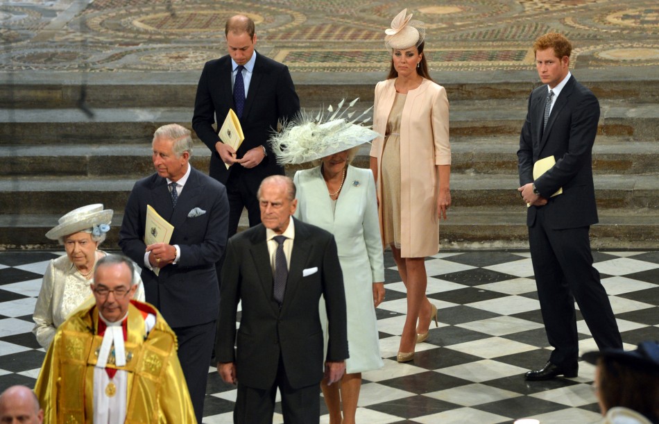 Catherine, Duchess of Cambridge TOP C arrives with her husband Prince William TOP R and Prince Harry R, and L-R Queen Elizabeth, Prince Charles, Prince Philip and Camilla, Duchess of Cornwall, for a service celebrating the 60th anniversary of Quee
