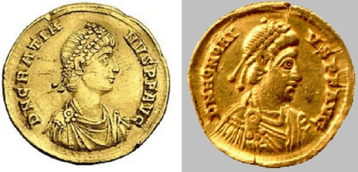 Roman coins with Emperors' Gratian (l) and Honorius