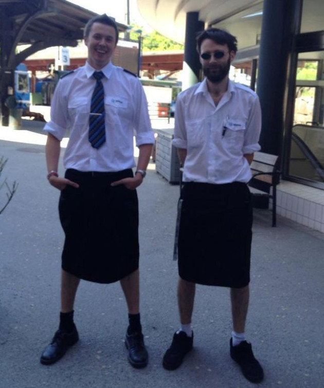 Swedish train drivers circumvent shorts ban by wearing skirts. Swedish train drivers circumvent shorts ban by wearing skirts.