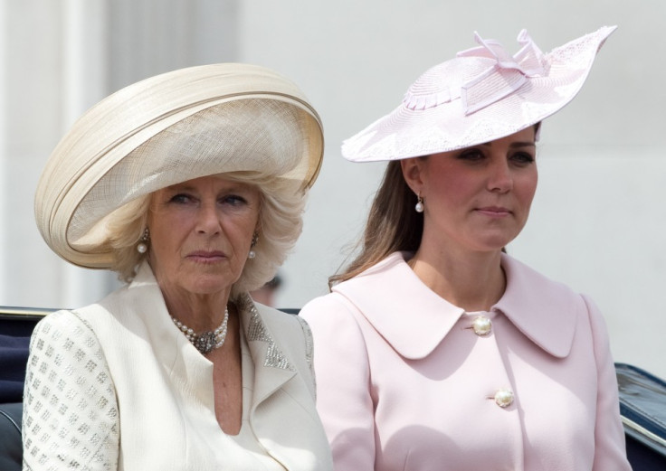 Catherine, Duchess of Cambridge travels to Horse Guards Parade for the Trooping the Colour ceremony in central London with Camilla, duchess of Cornwall