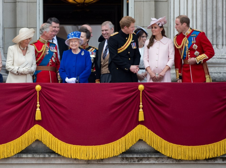 Queen Elizabeth (4th L) stands on the balcony of Buckingham Palace with Camilla, Duchess of Cornwall (L), Prince Charles (2nd L), Prince Andrew (5th R), Prince Harry (4th R), Prince William (R) and Catherine, Duchess of Cambridge after the Trooping the Co
