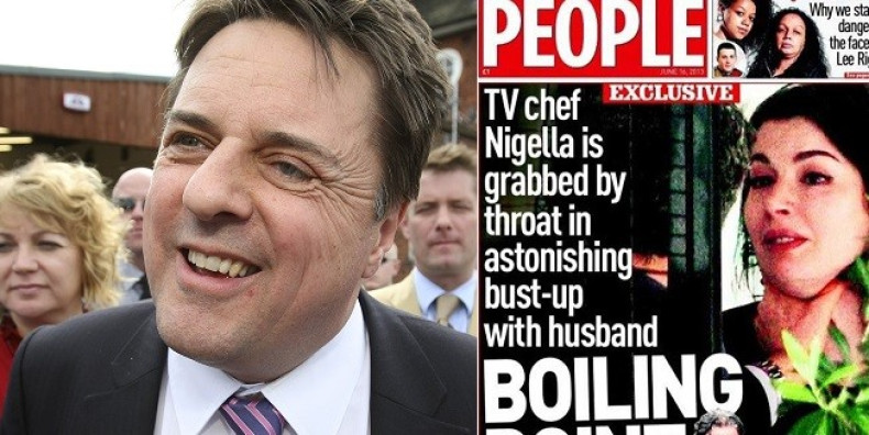 Nick Griffin (L) and the photos of Nigella Lawson with her husband Charles Saatchi (Twitter/Sunday People)