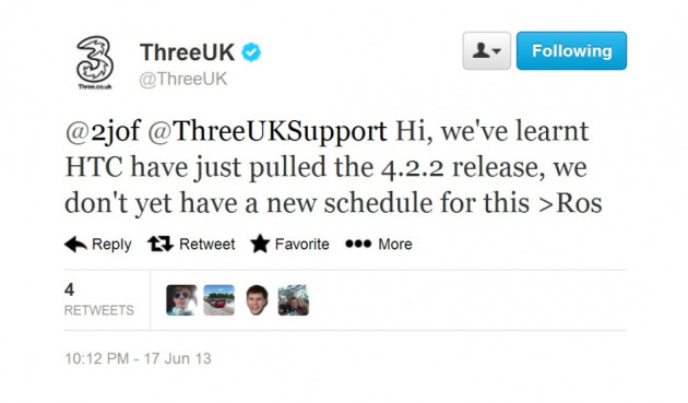 Thrre Twitter Post fro HTC One Android 4.2.2 Update (Courtesy: twitter.com/ThreeUK) Thrre Twitter Post fro HTC One Android 4.2.2 Update (Courtesy: twitter.com/ThreeUK)
