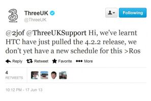 Thrre Twitter Post fro HTC One Android 4.2.2 Update (Courtesy: twitter.com/ThreeUK)