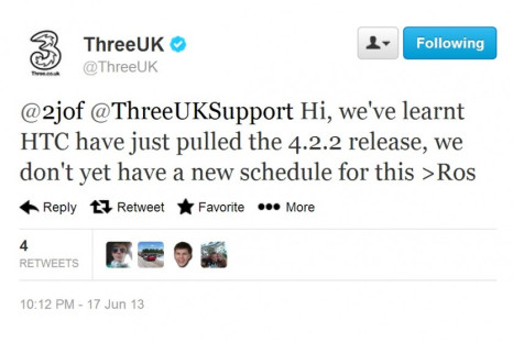 Thrre Twitter Post fro HTC One Android 4.2.2 Update (Courtesy: twitter.com/ThreeUK)