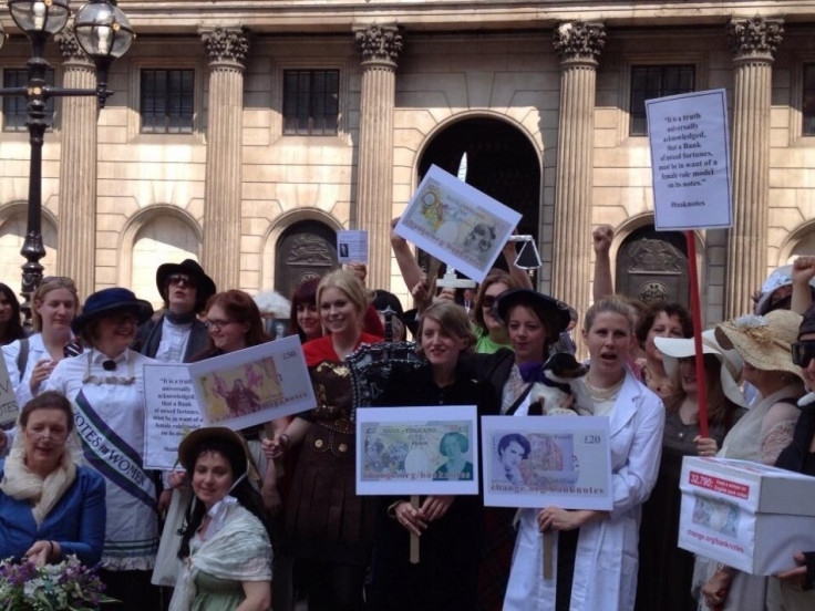 Campaigners for women on banknotes stage a fancy dress protest outside Bank of England while delivering a 30,000-signature petition (Katherine Sladden @katsladden via Twitter)