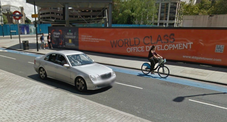 Blue cycle lane outside Aldgate Tube station, where teen died