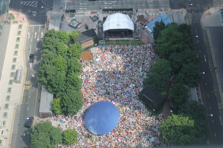 View from Canary Wharf tower of crowds in front of Wimbledon screens