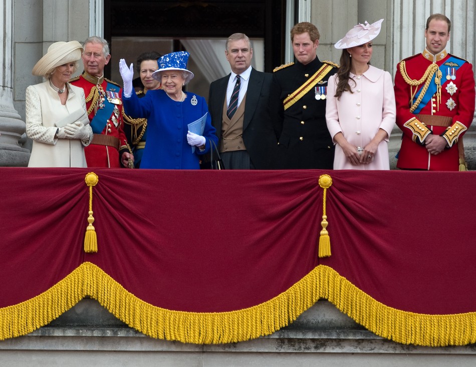 Queen Elizabeth 4th L stands on the balcony of Buckingham Palace with Camilla, Duchess of Cornwall L, Prince Charles 2nd L, Princess Anne 3rd L, Prince Andrew 4th R, Prince Harry 3rd R, Prince William R and Catherine, Duchess of Cambridge af