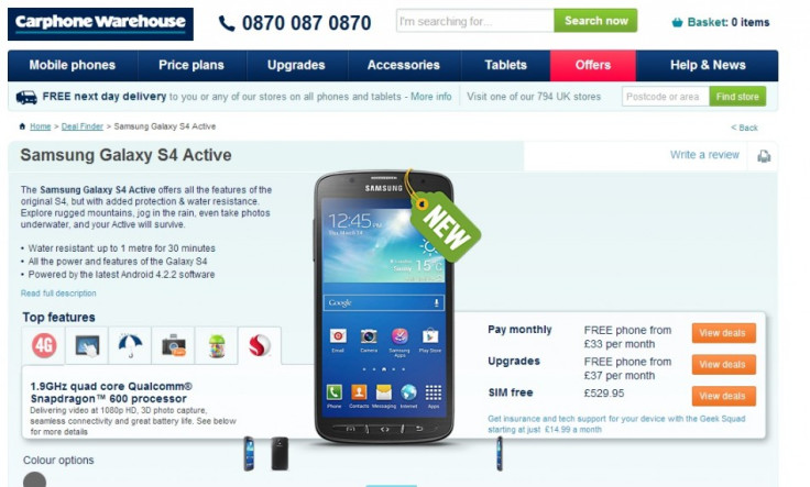 Samsung Galaxy S4 Active on Sale (Courtesy: www.carphonewarehouse.com)