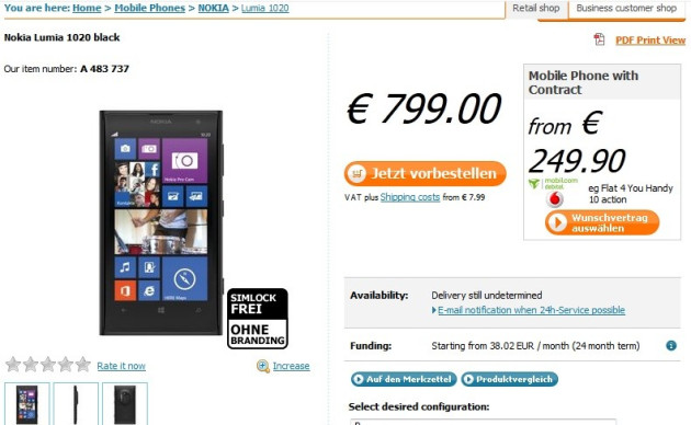 Nokia Lumia 1020 on Pre-Orders at Notebooksbilliger Online store (www.notebooksbilliger.de) Nokia Lumia 1020 on Pre-Orders at Notebooksbilliger Online store (www.notebooksbilliger.de)