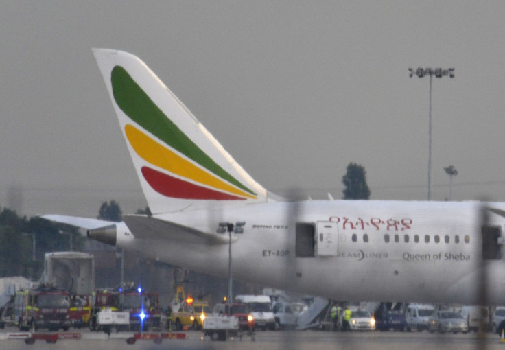 Emergency services attend the Ethiopian Airlines Dreamliner after a fire breaks out on board.