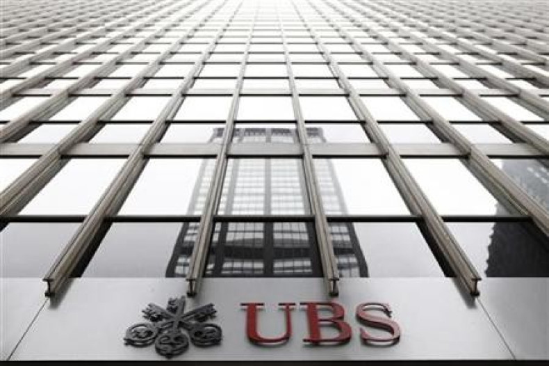 The logo of Swiss bank UBS can be seen outside its New York office