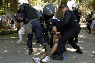 Police detain an anti-gay protestor during a gay pride parade in Budva (Reuters)
