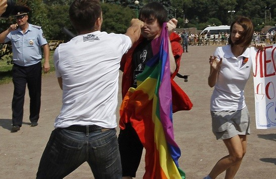 An anti-gay protester clashes with a gay rights activist during a Gay Pride event in St. Petersburg, Russia (Reuters)