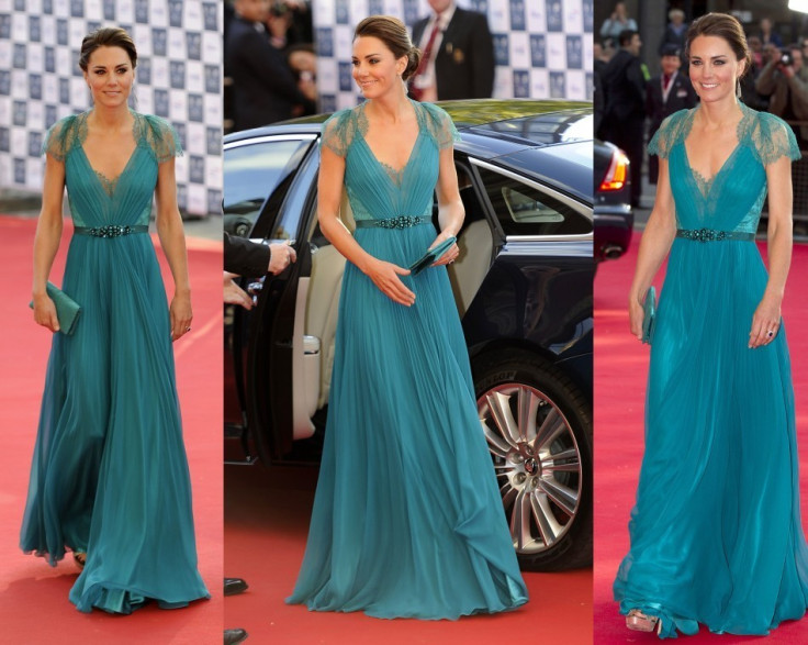 Wearing a Jenny Packham gown to a concert at the Royal Albert Hall in 2011, Kate Middleton topped Vanity Fair's best dressed list for 2012. The Duchess was as usual a head-turner as she stepped out of her car in an aqua fresh, teal dress. The floor-length