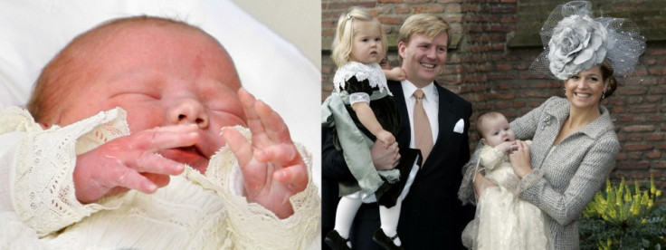 The then Dutch crown prince Willem-Alexander (L) carries daughter Catharina Amalia and Princess Maxima (R) carries daughter Alexia into the Dorps Church for Alexia's christening in Wassenaar, Netherlands in this photo from November 2005.In left  photo, Al