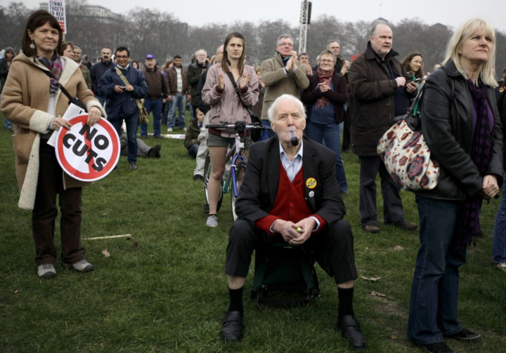 Tony Benn protesting against government policies, two years ago