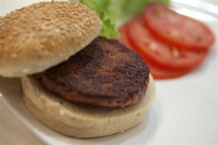 The world's first lab-grown beef burger is seen after it was cooked at a launch event in west London August 5, 2013. The in-vitro burger, cultured from cattle stem cells, the first example of what its creator says could provide an answer to global fo