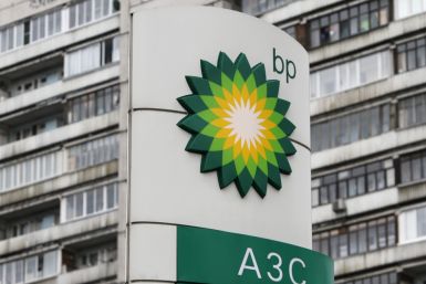 A BP logo is seen in front of an apartment block near a petrol station in Moscow.