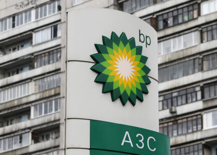A BP logo is seen in front of an apartment block near a petrol station in Moscow.